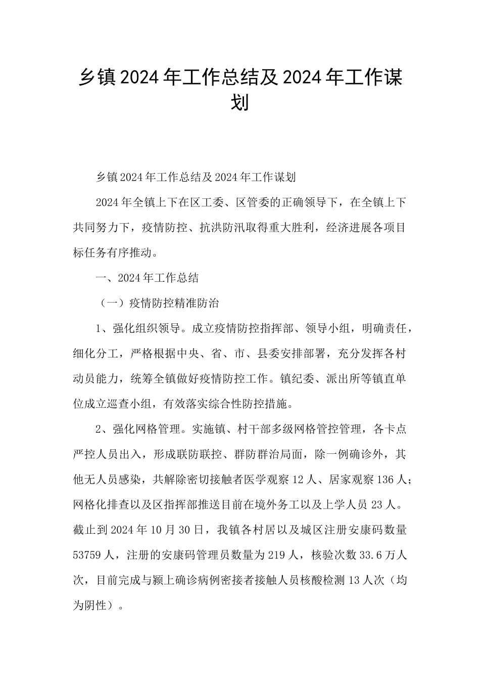 乡镇2024年工作总结及2024年工作谋划_第1页