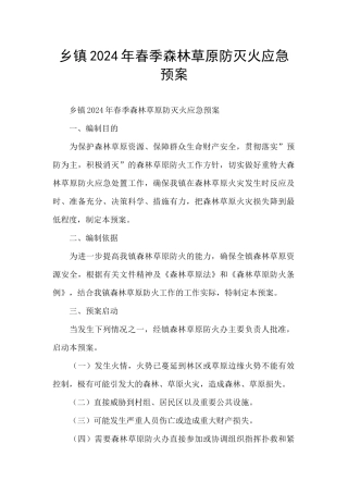 乡镇2024年春季森林草原防灭火应急预案