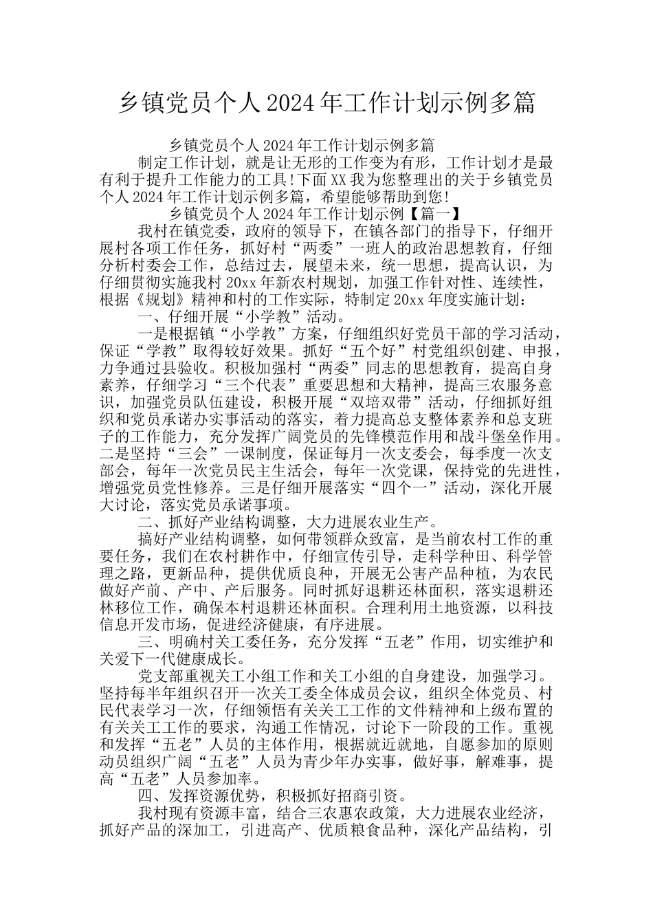 乡镇党员个人2024年工作计划示例多篇_第1页