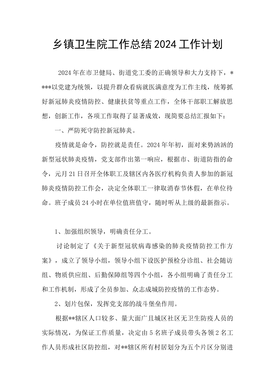 乡镇卫生院工作总结2024工作计划_第1页