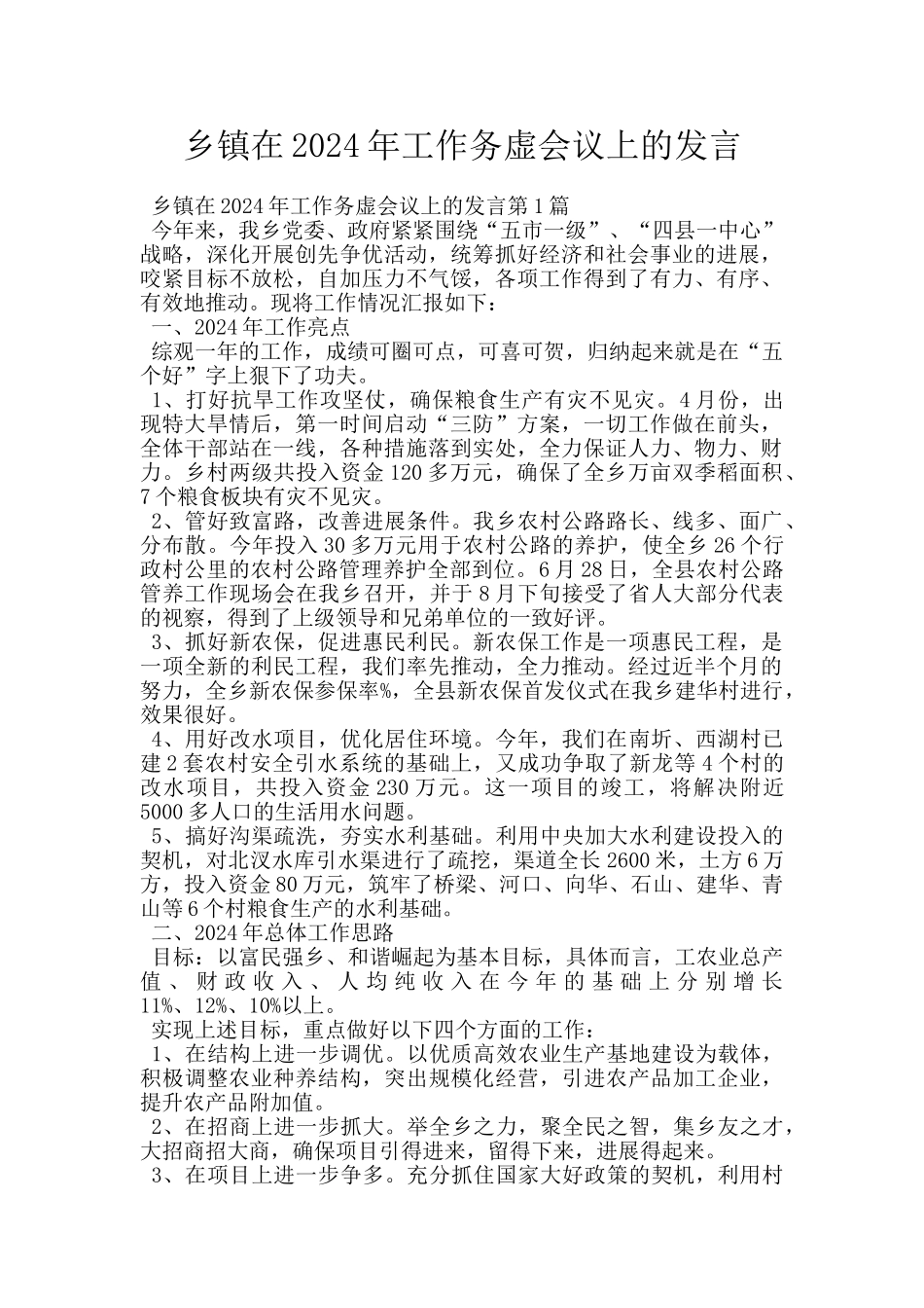 乡镇在2024年工作务虚会议上的发言_第1页