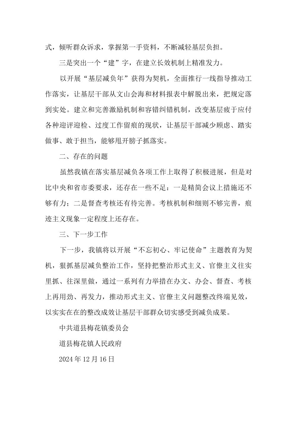 乡镇基层减负工作落实情况总结报告_第2页