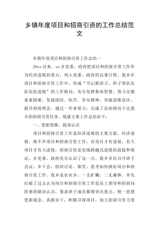 乡镇年度项目和招商引资的工作总结范文