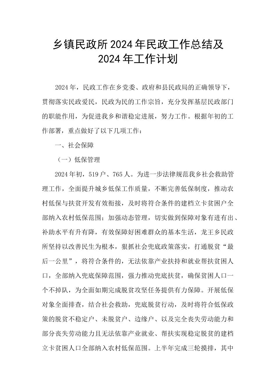 乡镇民政所2024年民政工作总结及2024年工作计划_第1页