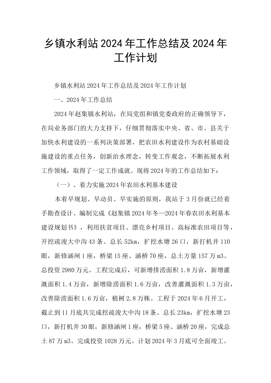 乡镇水利站2024年工作总结及2024年工作计划_第1页