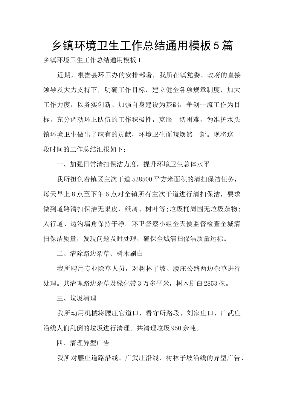 乡镇环境卫生工作总结通用模板5篇_第1页