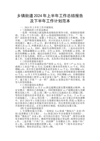 乡镇街道2024年上半年工作总结报告及下半年工作计划范本