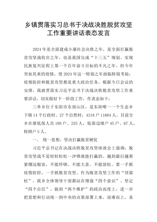 乡镇贯落实习总书于决战决胜脱贫攻坚工作重要讲话表态发言