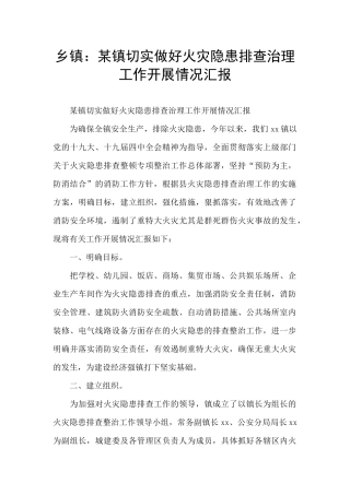 乡镇：某镇切实做好火灾隐患排查治理工作开展情况汇报