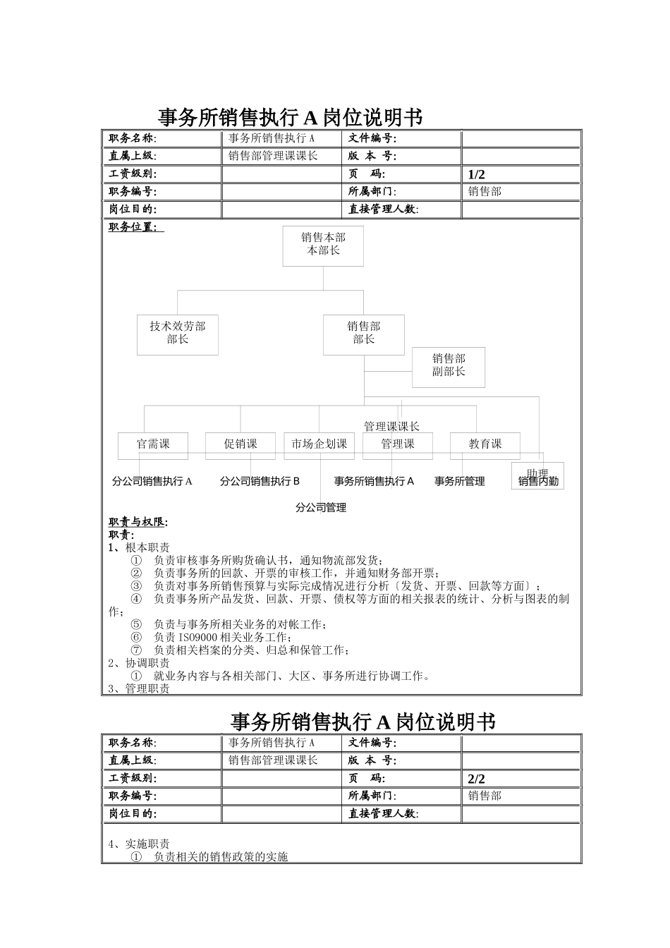事务所销售执行A岗位说明书_第1页