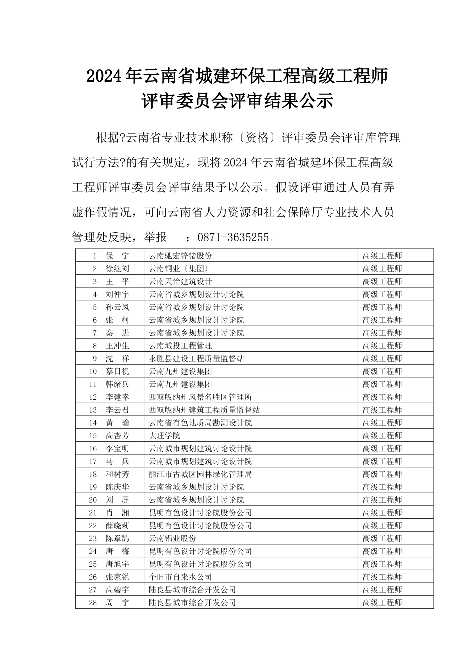 云南省城建环保工程高级工程师评审委员会评审结果公示228413_第1页