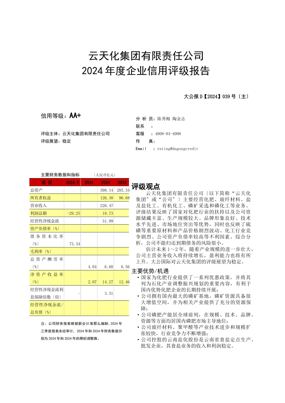 云天化集团有限责任公司XXXX年度企业信用评级报告_第1页