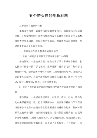 五个带头自我剖析材料