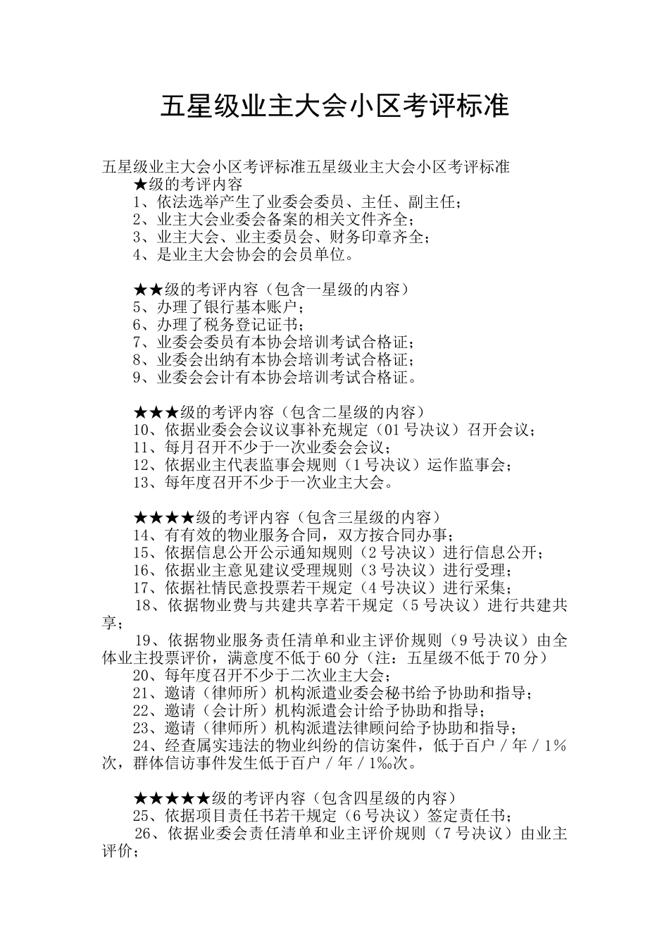 五星级业主大会小区考评标准_第1页
