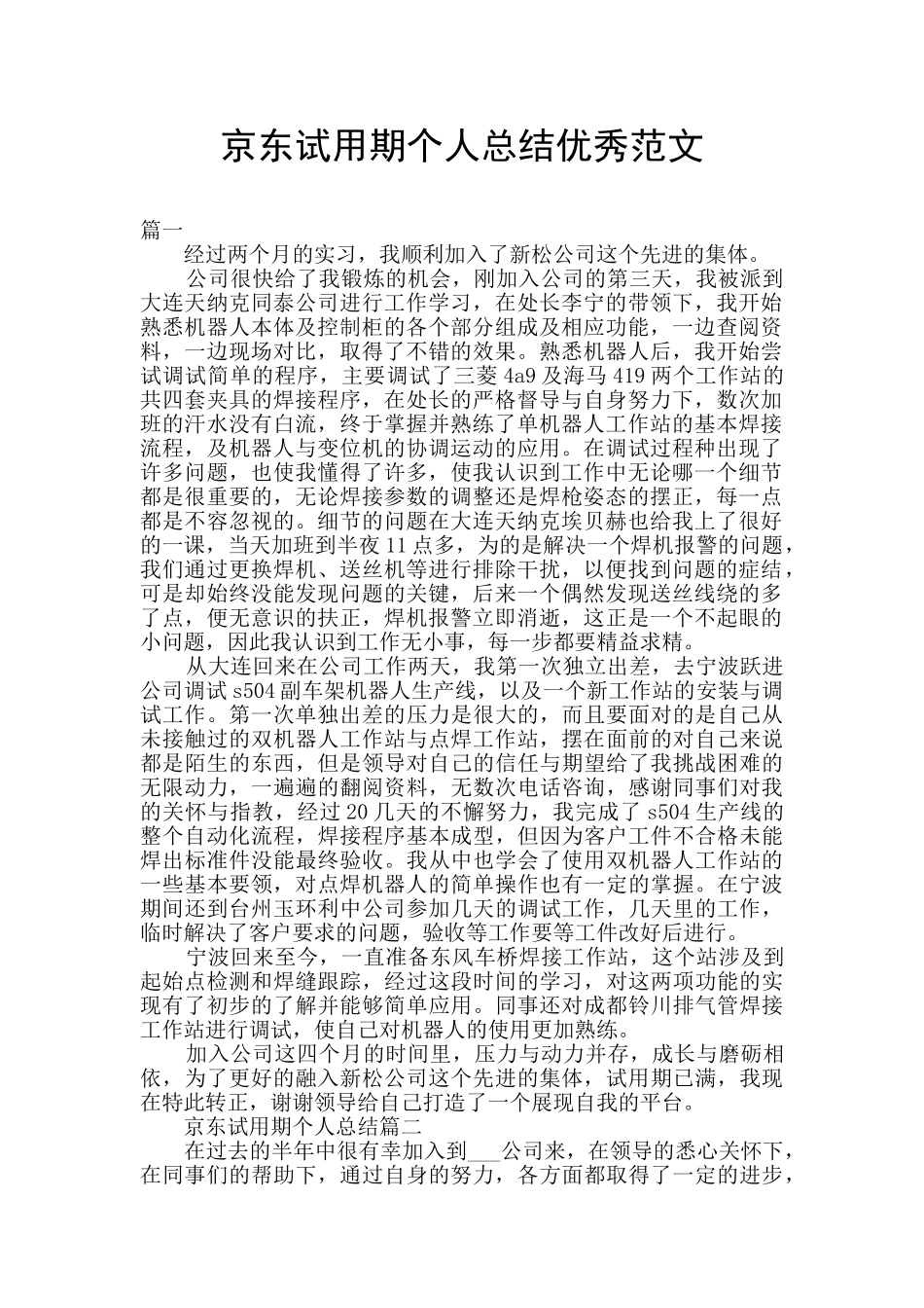 京东试用期个人总结优秀范文_第1页