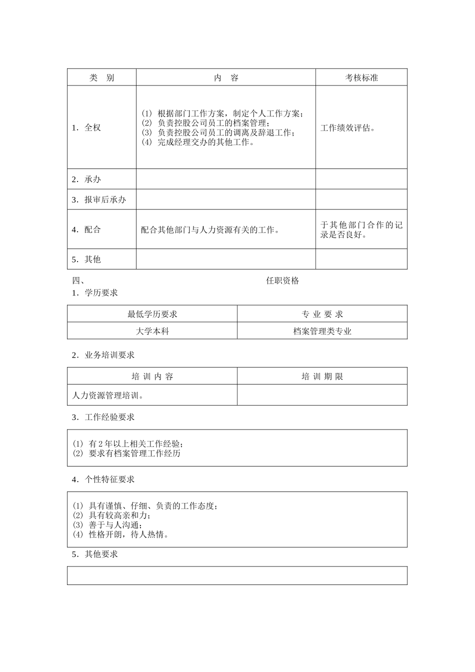 人事档案管理员职位说明书_第2页