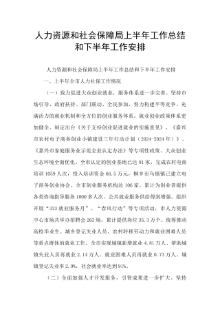 人力资源和社会保障局上半年工作总结和下半年工作安排