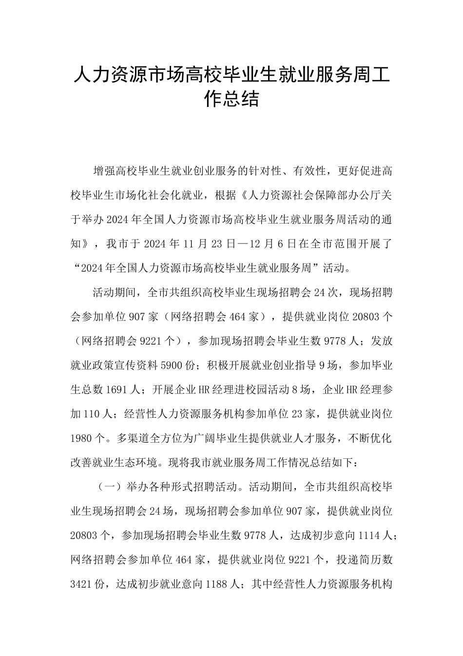 人力资源市场高校毕业生就业服务周工作总结_第1页