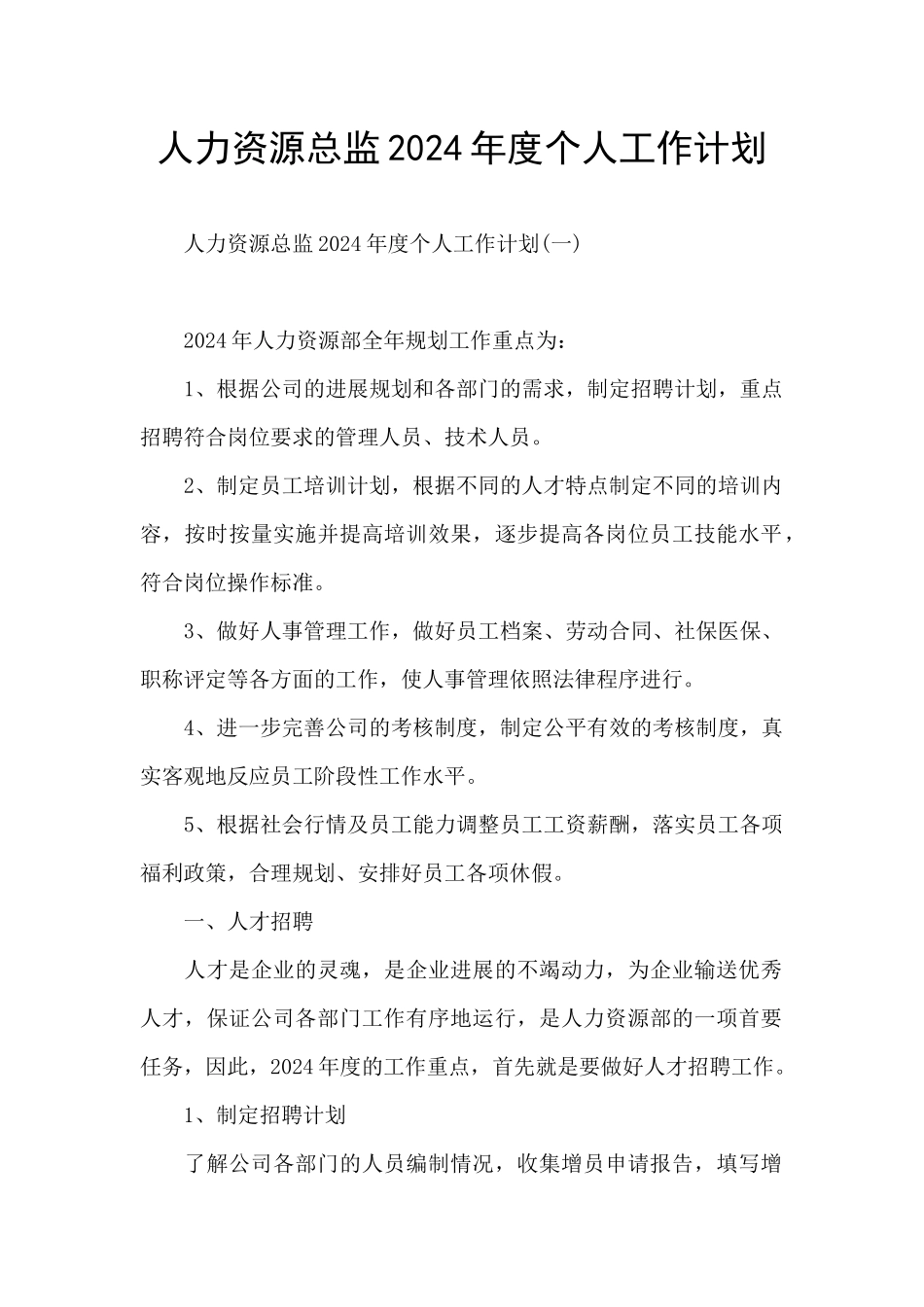 人力资源总监2024年度个人工作计划_第1页