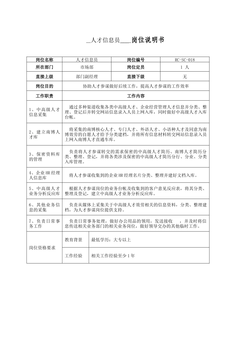 人才信息员岗位说明书_第1页
