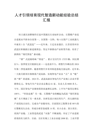 人才引领培育现代智造新动能经验总结汇报