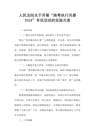 人民法院关于开展“南粤执行风暴2024”专项活动的实施方案