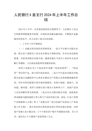 人民银行X县支行2024年上半年工作总结