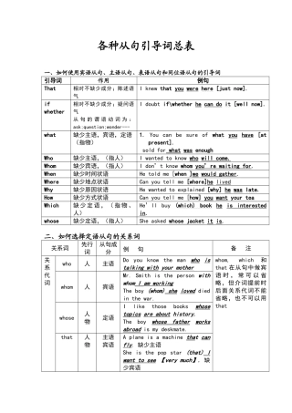 从句的引导词总表