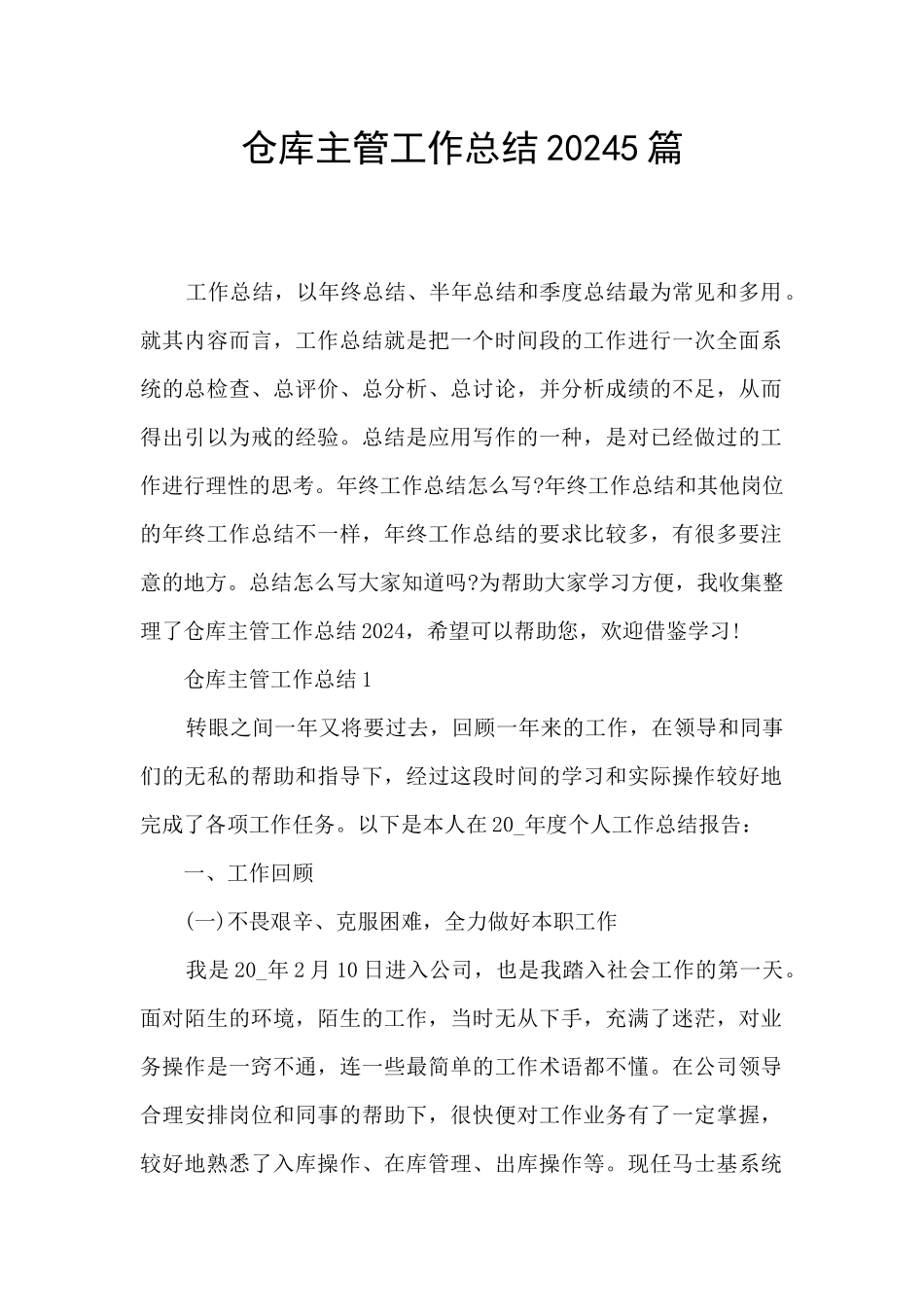 仓库主管工作总结20245篇_第1页