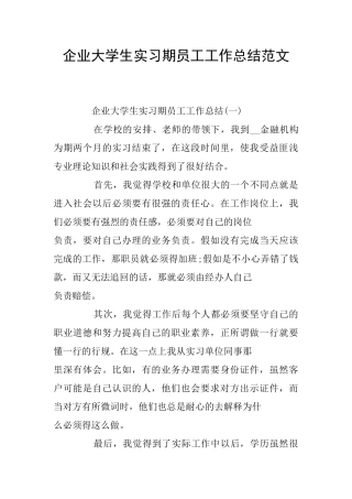 企业大学生实习期员工工作总结范文