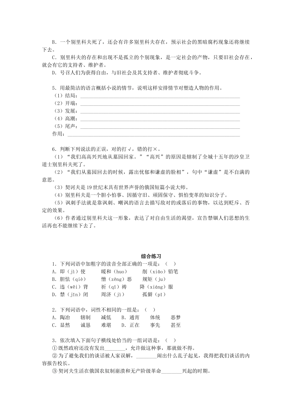 《装在套子里的人》测试1（新人教版必修5）基础练习_第2页