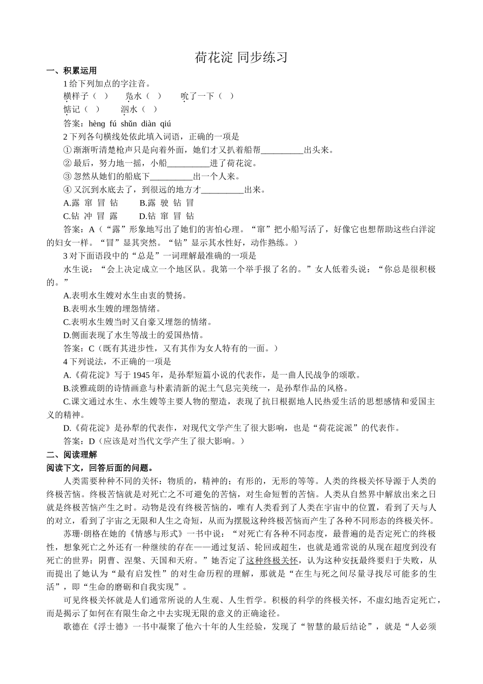 高中语文必修3荷花淀 同步练习积累运用_第1页