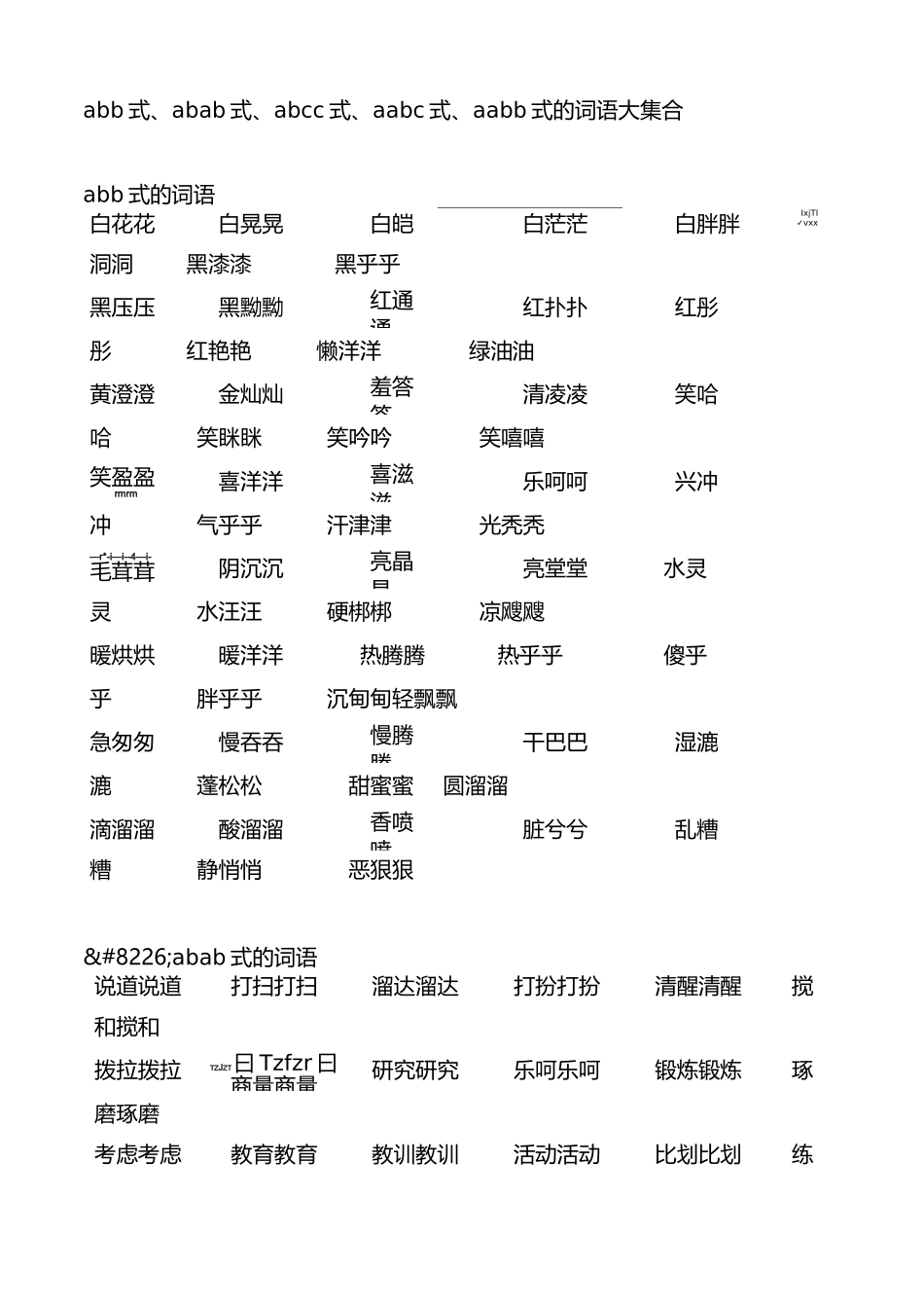 abb式、abab式、abcc式、aabc式、aabb式的词语大集合_第1页