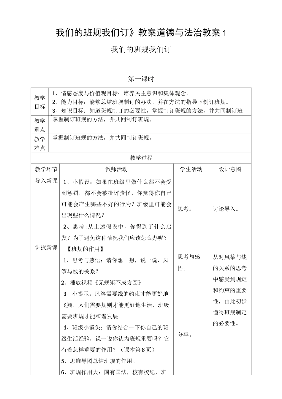 《我们的班规我们订》教案 道德与法治教案6_第1页