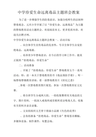 中学珍爱生命远离毒品主题班会教案