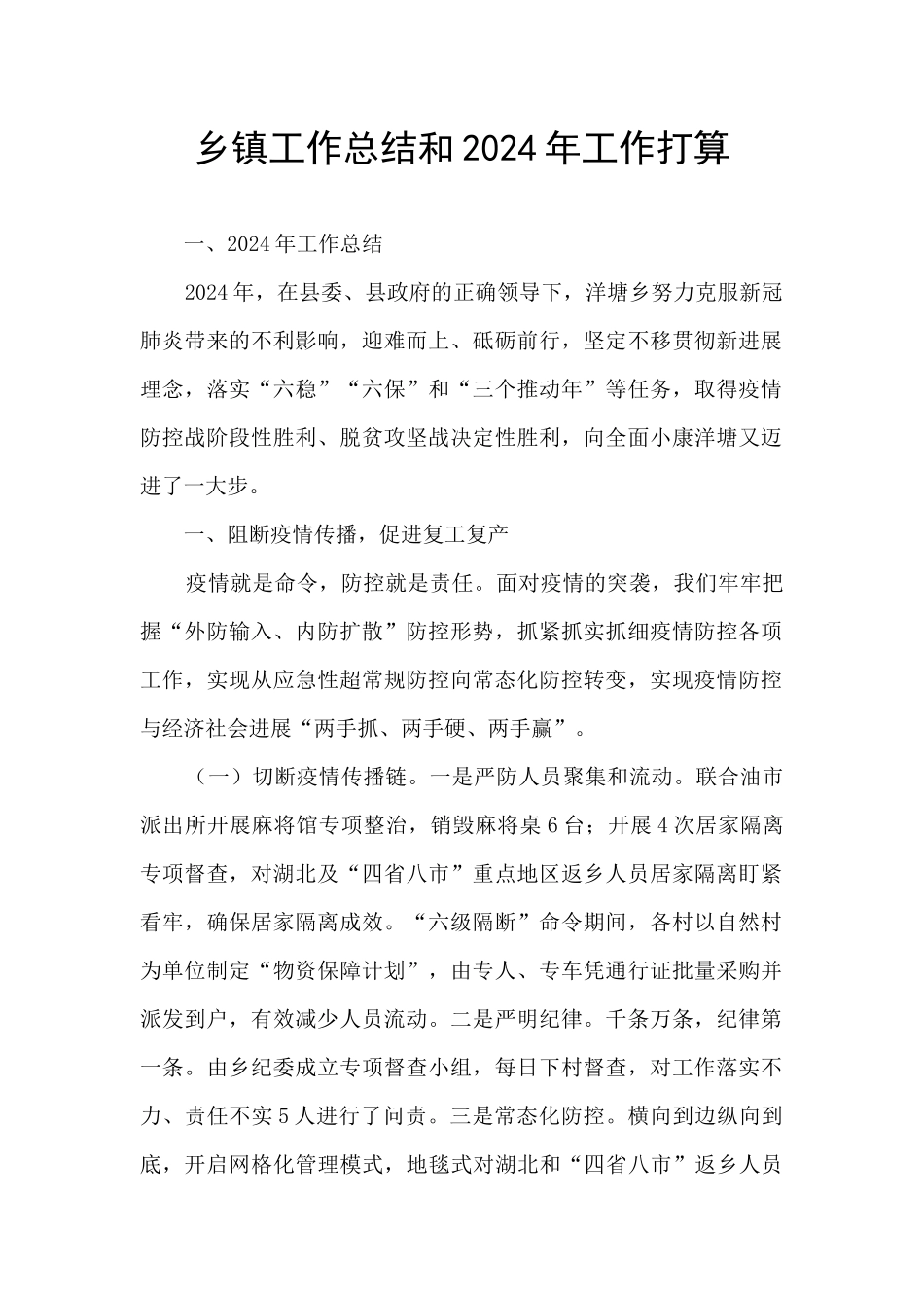 乡镇工作总结和2024年工作打算_第1页