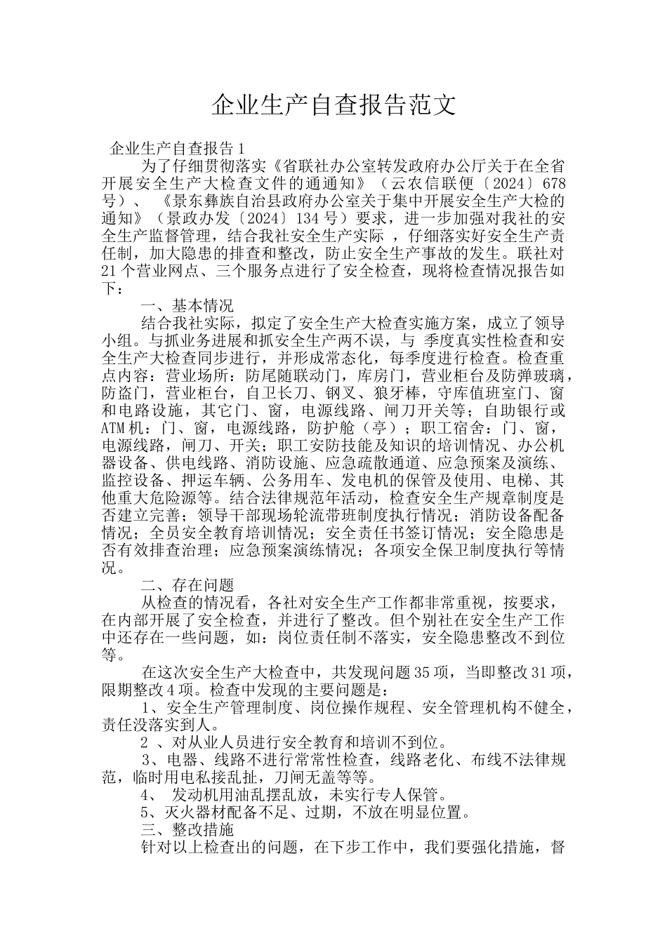 企业生产自查报告范文_第1页