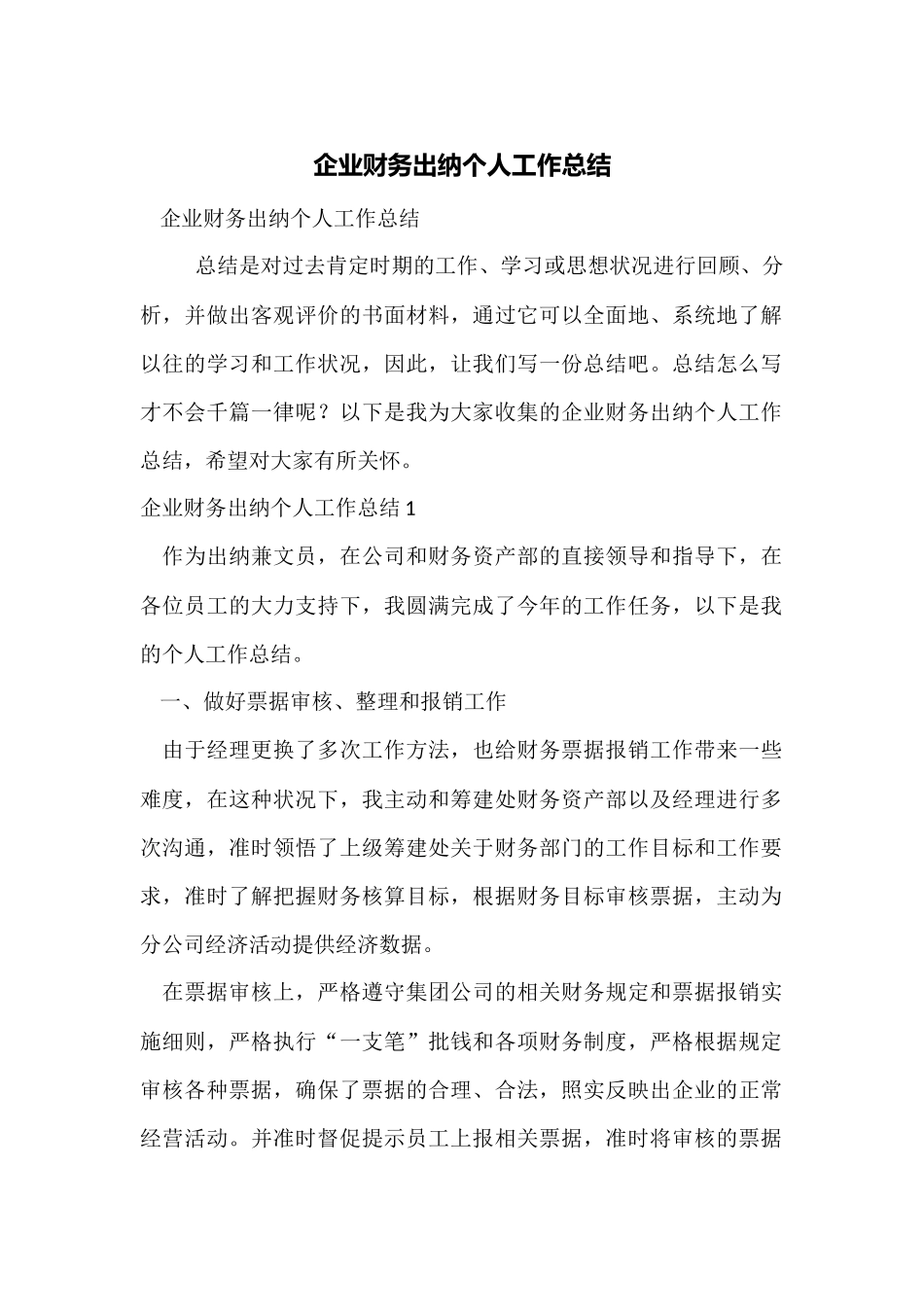 企业财务出纳个人工作总结_第1页