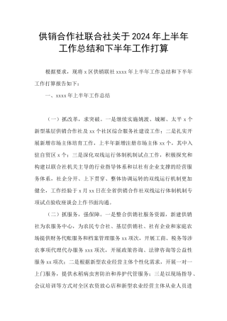 供销合作社联合社关于2024年上半年工作总结和下半年工作打算