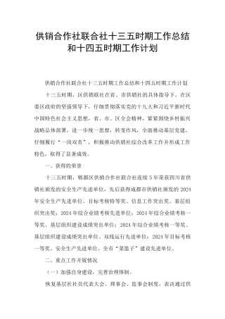 供销合作社联合社十三五时期工作总结和十四五时期工作计划