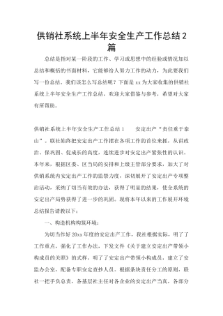 供销社系统上半年安全生产工作总结2篇
