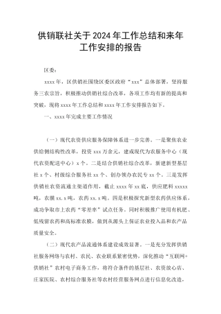 供销联社关于2024年工作总结和来年工作安排的报告