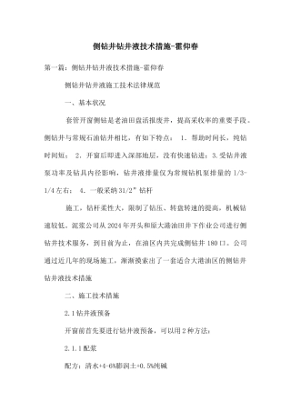 侧钻井钻井液技术措施