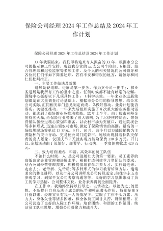 保险公司经理2024年工作总结及2024年工作计划