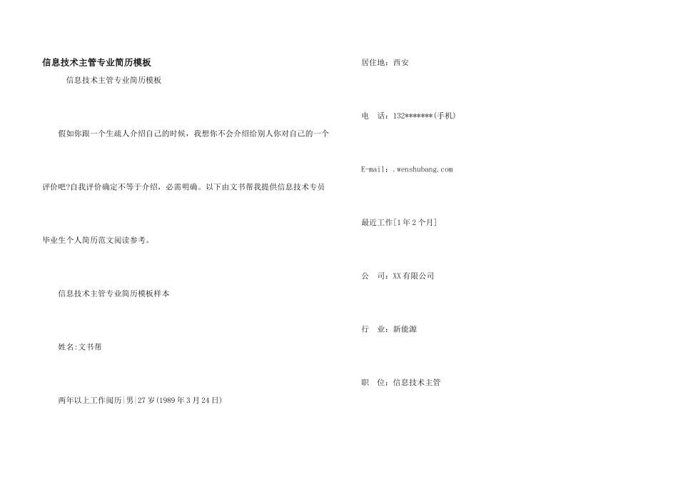 信息技术主管专业简历模板_第1页