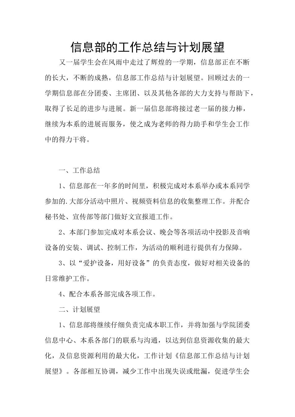 信息部的工作总结与计划展望_第1页