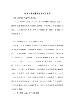 信用社出纳个人述职工作报告