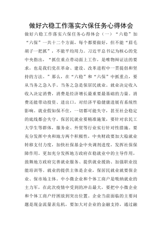 做好六稳工作落实六保任务心得体会