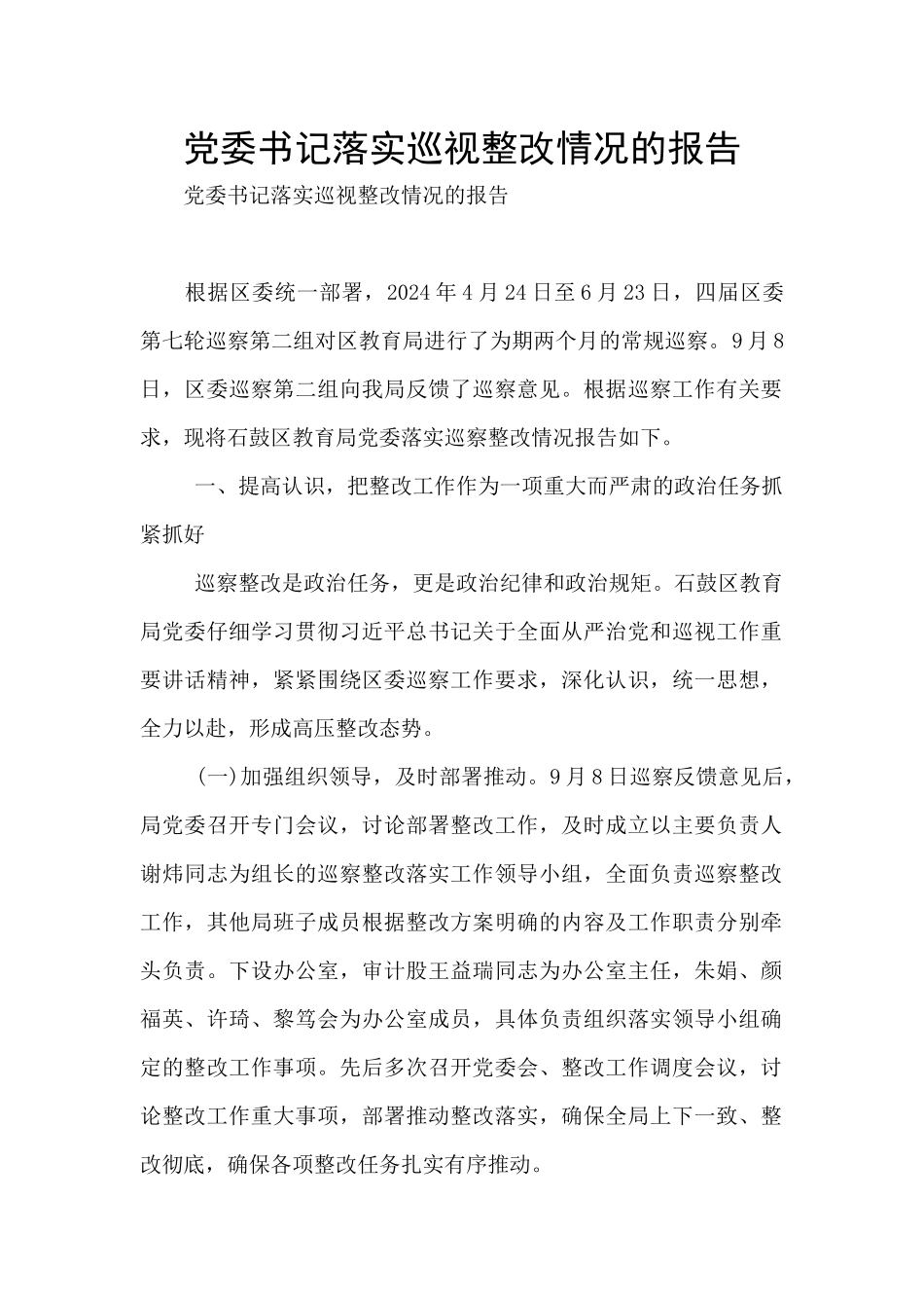 党委书记落实巡视整改情况的报告_第1页