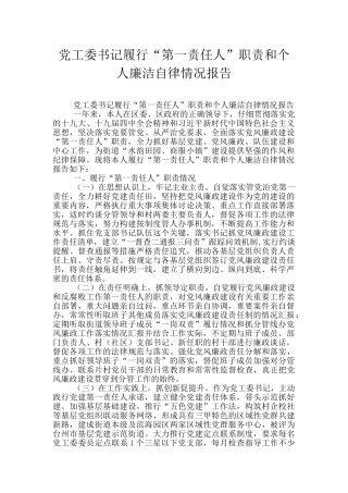 党工委书记履行“第一责任人”职责和个人廉洁自律情况报告